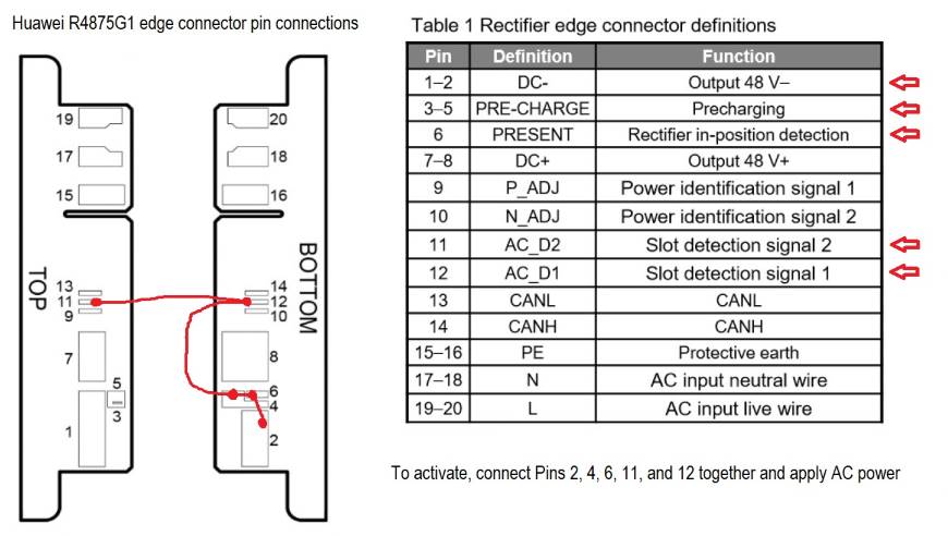 Zapojení konektoru zdroje Huawei R4875.